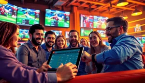 Engaging scene showcasing the best sports betting sites in India with enthusiastic bettors around a digital interface.