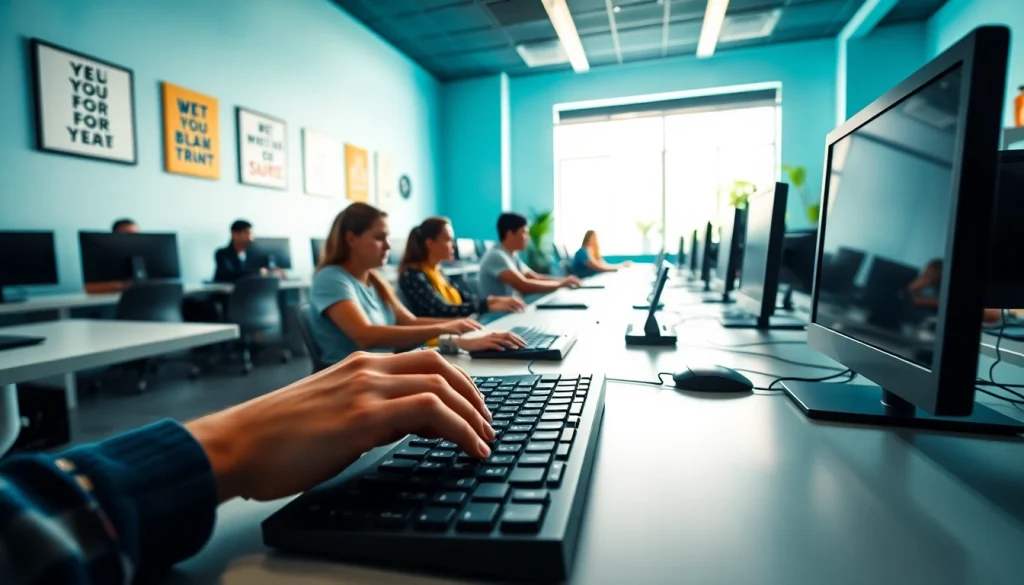 Boost your skills at our typing center with diverse learners in a bright workspace.