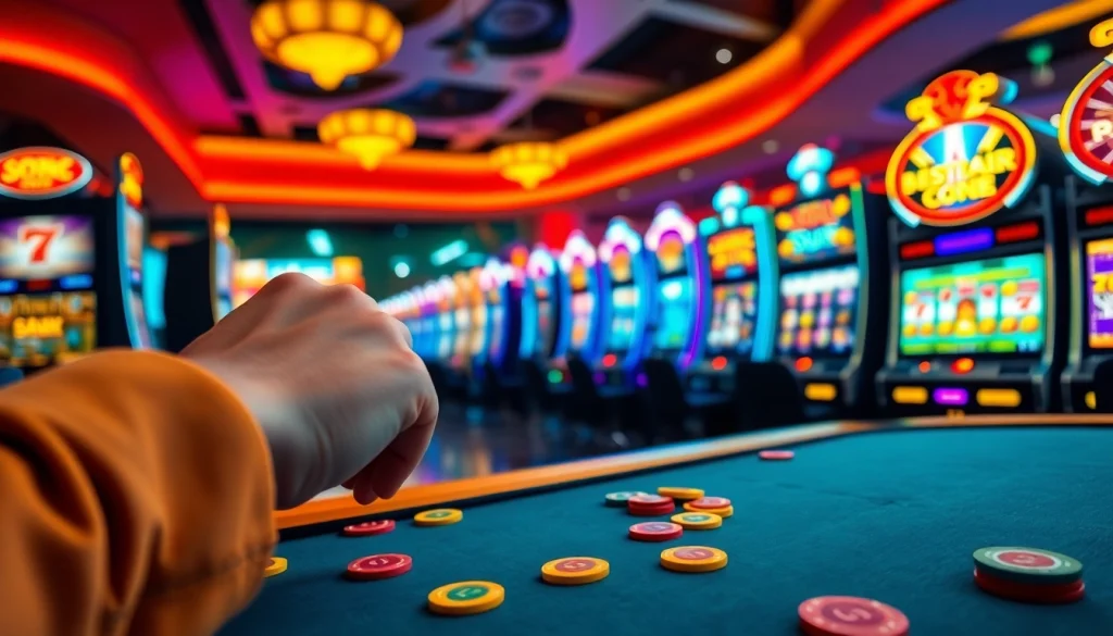 Putar slot di mesin slot bercahaya penuh warna dan suasana kasino meriah.