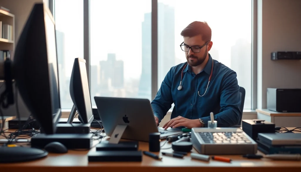 Provide expert computer help with a technician assisting in a bright office setting.