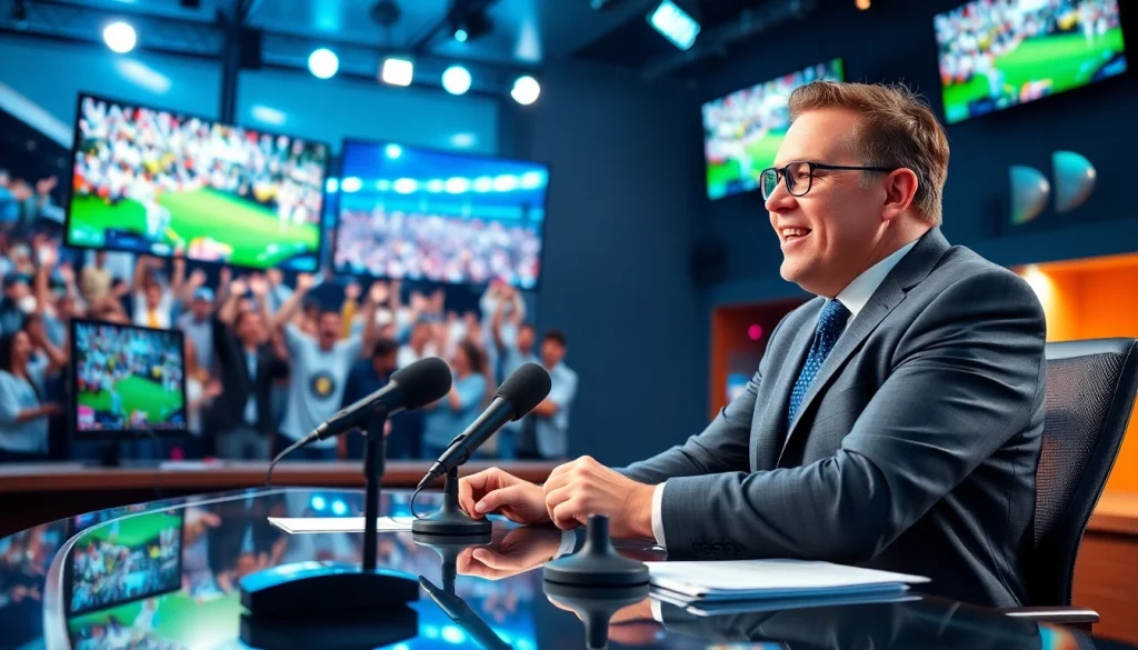 스포츠중계 실시간 중계를 위한 전문 해설자가 있는 생동감 넘치는 방송 환경