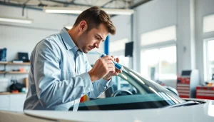 Windshield Replacement by a skilled technician in a professional auto shop.