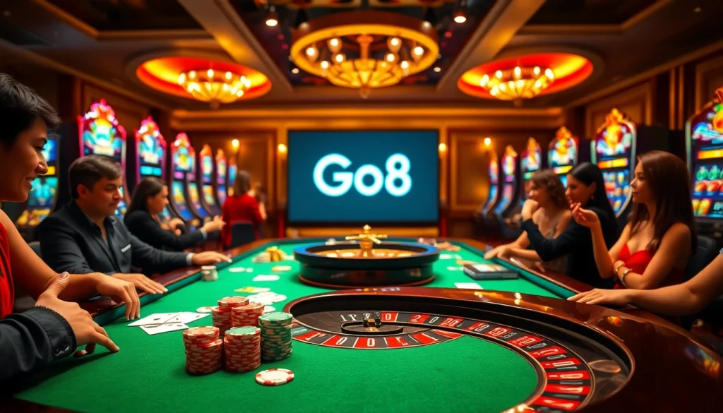 Players engaging at the Go8 casino table, showcasing poker chips and excitement.