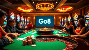 Players engaging at the Go8 casino table, showcasing poker chips and excitement.