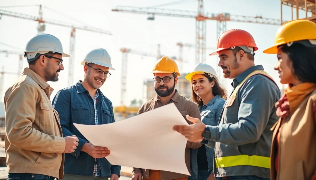 Engaged team in construction workforce development reviewing blueprints on-site.