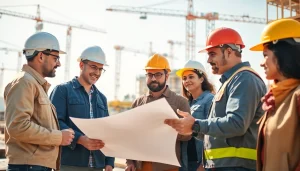Engaged team in construction workforce development reviewing blueprints on-site.