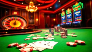 Exciting casino scene with 'Trang chủ ok365', showcasing poker, roulette, and vibrant gaming atmosphere.