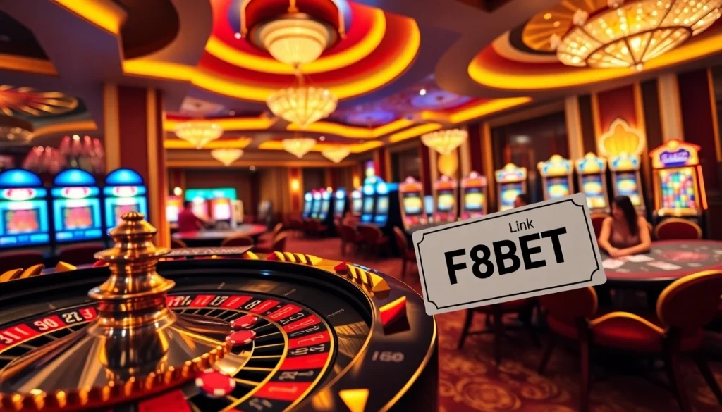 Engage with Link F8BET in a stunning casino setting featuring roulette and poker games.