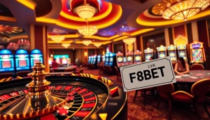 Engage with Link F8BET in a stunning casino setting featuring roulette and poker games.