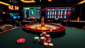 VUA99 engaging players at a luxurious casino table with vibrant poker chips and digital betting.