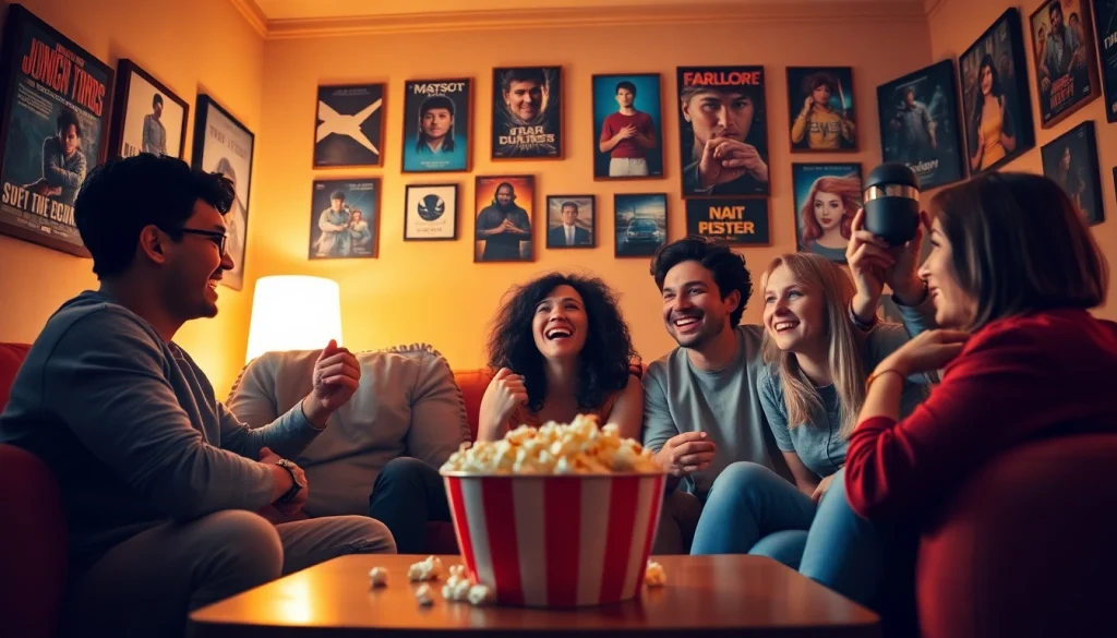 Friends enjoying a movie night in a cozy setting, highlighting the joy of watching filme online together.