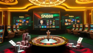 Experience thrilling gameplay on SN888 with vibrant casino elements like roulette wheels and poker chips.