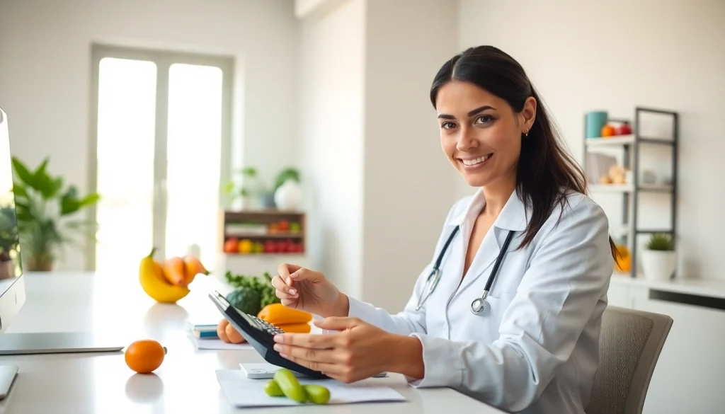 Calculate your daily needs with the calorie calculator displayed alongside fresh foods.