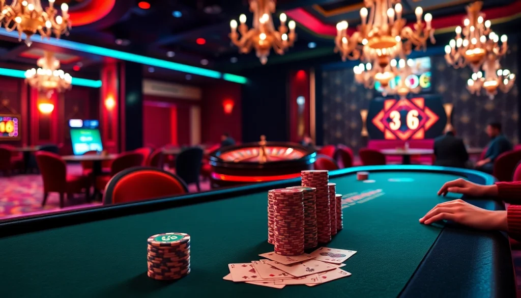 New66 casino atmosphere with vibrant poker tables and roulette wheels enhancing player excitement