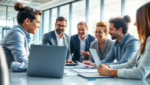 Team analyzing competitive intelligence strategies in a modern office.