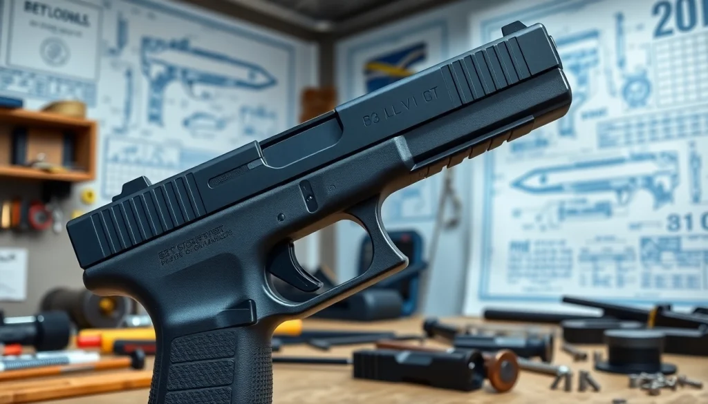 Showcasing polymer 80 Glock 17​ frame in a workshop with assembly tools and components.