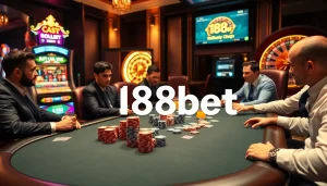 Action-packed scene showcasing a poker game with a 188bet link displayed on a digital screen, exuding excitement and professionalism.