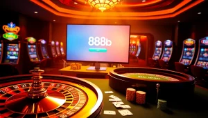 Engage in online gambling with 888b's login interface at a vibrant casino scene.