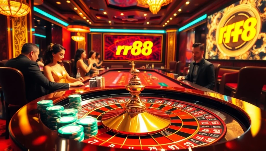 Players betting at the luxurious rr88 casino, featuring chips and cards on a vibrant roulette table.
