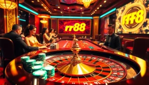 Players betting at the luxurious rr88 casino, featuring chips and cards on a vibrant roulette table.