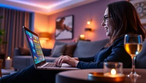 Exciting online gaming atmosphere featuring hoki138 pro on a laptop with vibrant slot graphics.