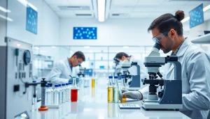 Research on WIN55 in a modern lab setting with scientists analyzing cannabinoids.