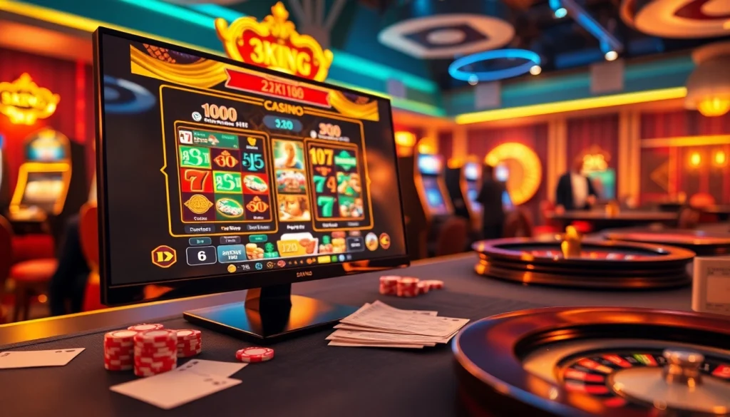 Experience the thrilling online gambling interface at trang chủ 3king with vibrant slot machines and poker tables.