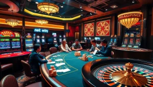 Experience the thrill of netwin through a vibrant casino scene showcasing poker tables and slot machines.