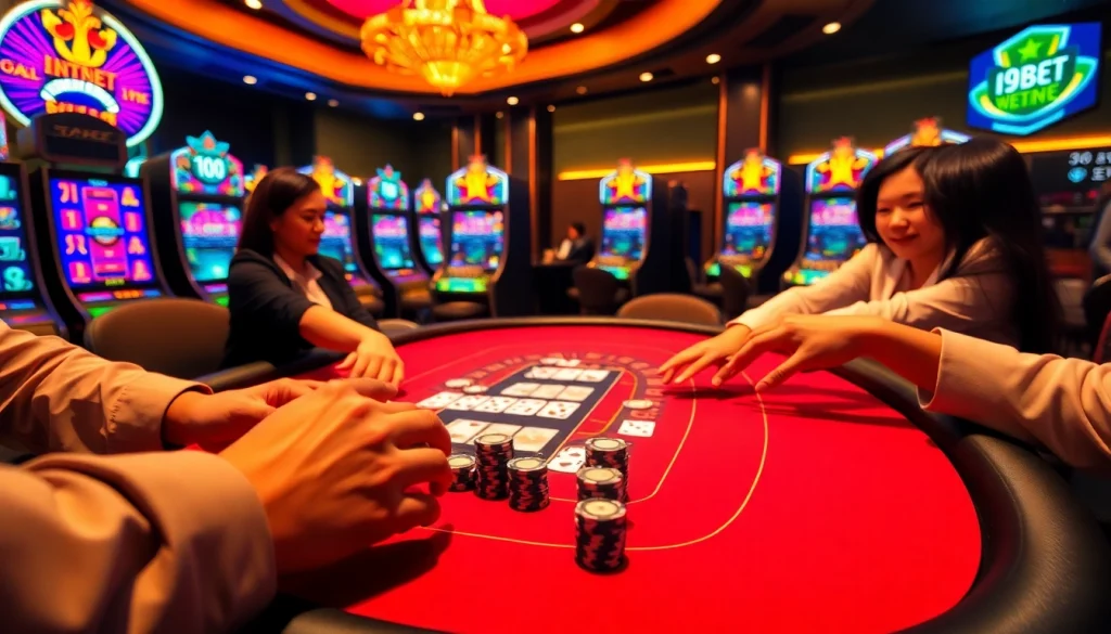 Players engaging at an i9bet casino table, showcasing excitement in a vibrant gaming atmosphere.