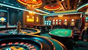 Exciting gambling scene at https://qh88p2.com/ featuring vibrant casino tables and online betting interfaces.