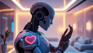 Intimate connection between a humanoid AI and a human in a modern digital landscape, emphasizing ai sex.