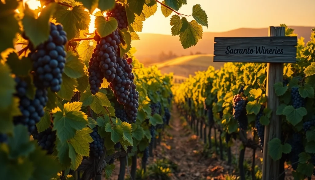 Admire the beauty of Sacramento Wineries with ripe grapes in vibrant vineyards under a golden sunset.