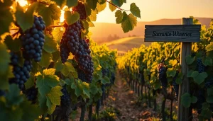 Admire the beauty of Sacramento Wineries with ripe grapes in vibrant vineyards under a golden sunset.