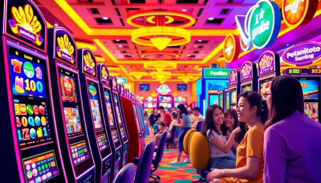 Menggambarkan suasana permainan slot online petanitoto yang meriah dan penuh warna.