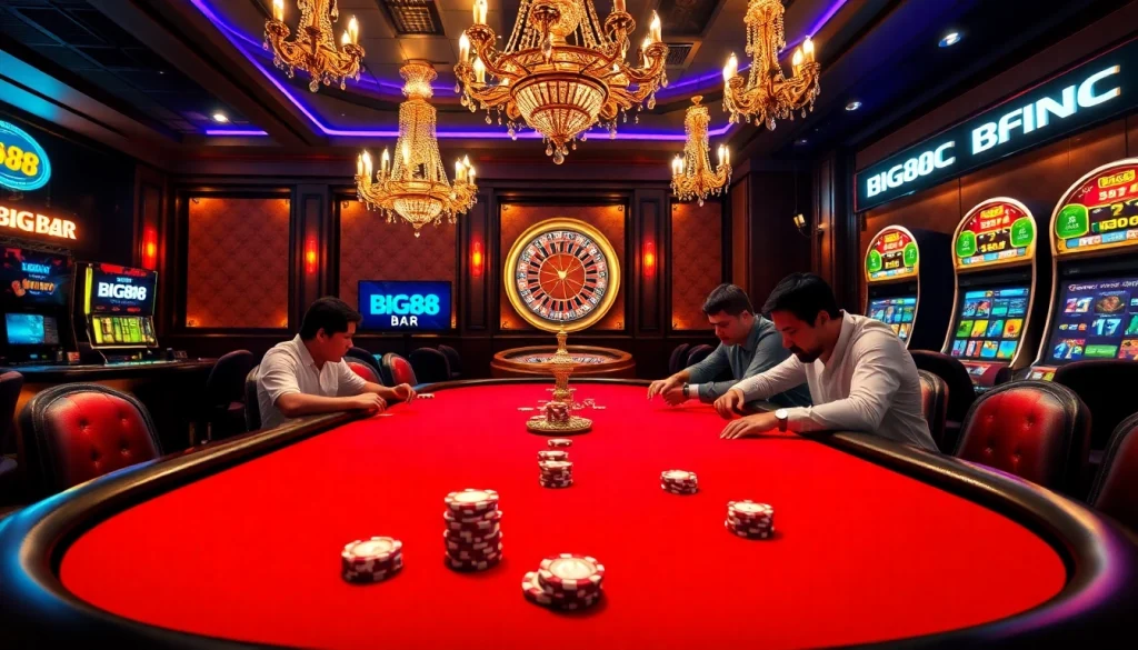 Big88.BAR players enjoying intense poker games in a luxurious casino setting.