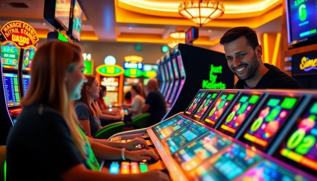 Permainan slot depo 5k dana dengan suasana meriah dan mesin slot modern.