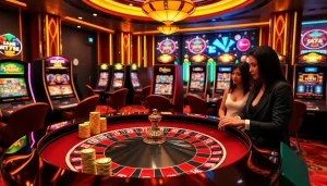 Engage with the thrilling atmosphere at 188bet link featuring a luxurious roulette table and vibrant slot machines.