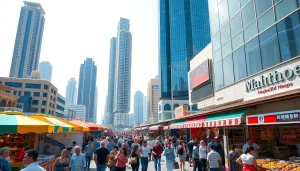 today Dubai news: vibrant street scene with diverse crowds and newsstand in Dubai.