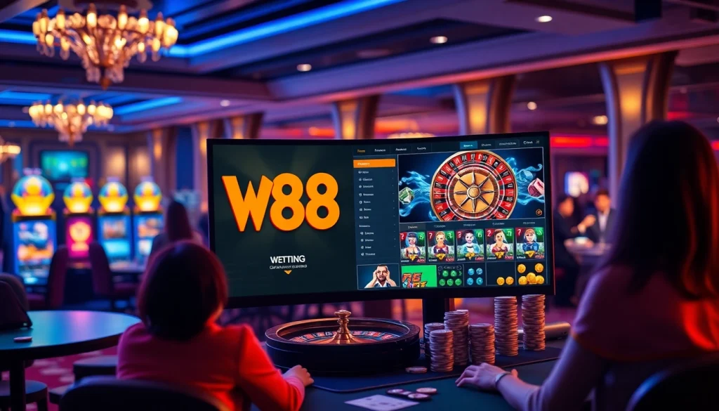 Exciting gameplay at tại w88 with vibrant slot machines and roulette wheel.