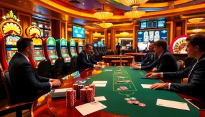 High-stakes betting action at a luxurious casino table inspired by https://mm88.sh/ with poker chips and cards.