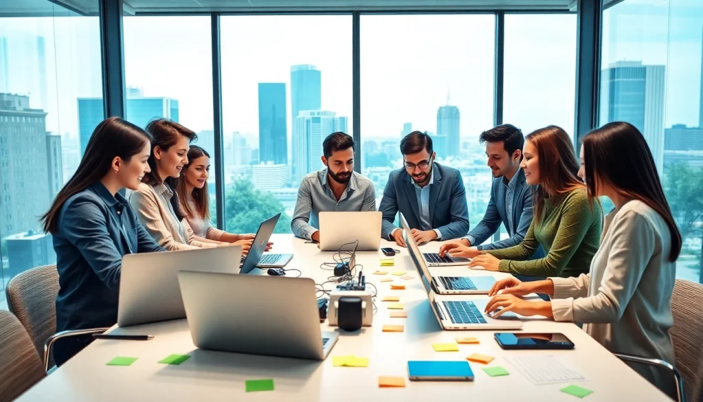 Team of professionals in an AI startup collaborating over innovative ideas and technology solutions.