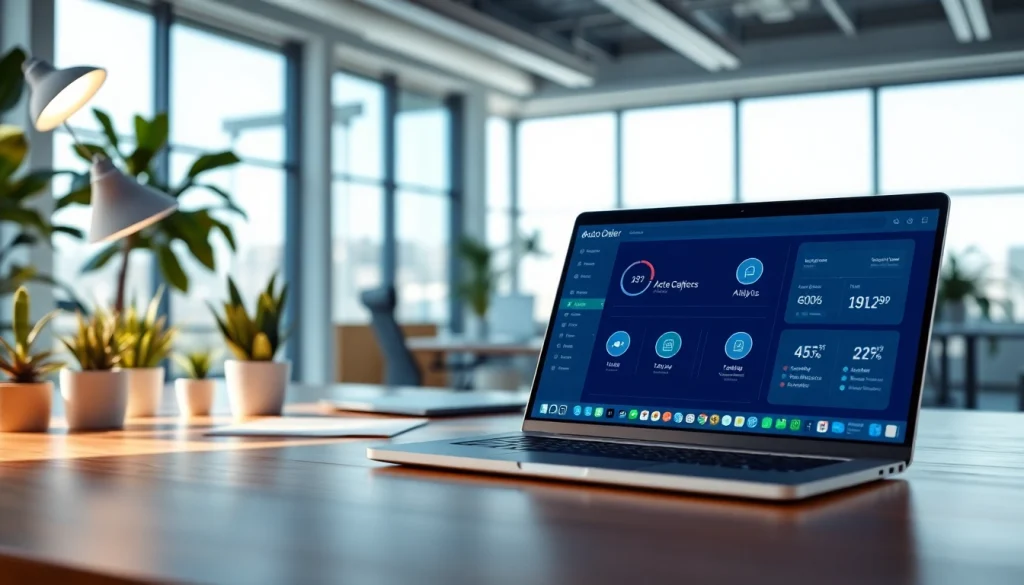 Auto dialer software displayed on a screen in a modern office setup.