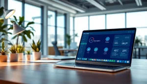 Auto dialer software displayed on a screen in a modern office setup.