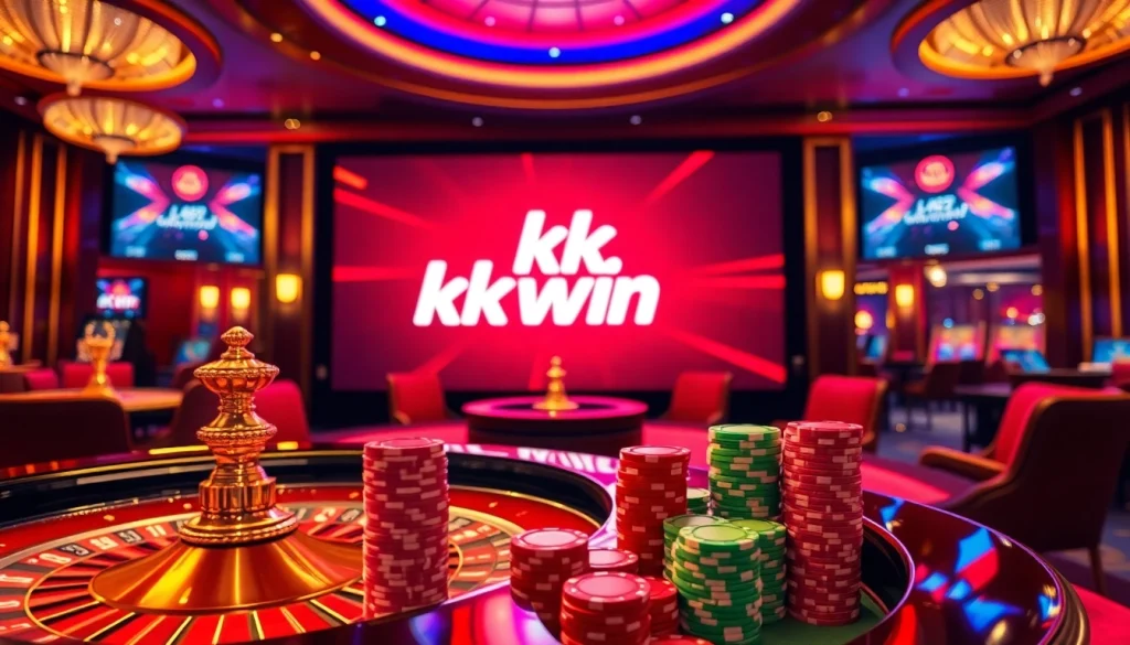 kk win logo displayed in a luxurious casino atmosphere with roulette and poker elements.