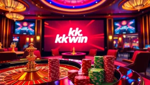 kk win logo displayed in a luxurious casino atmosphere with roulette and poker elements.