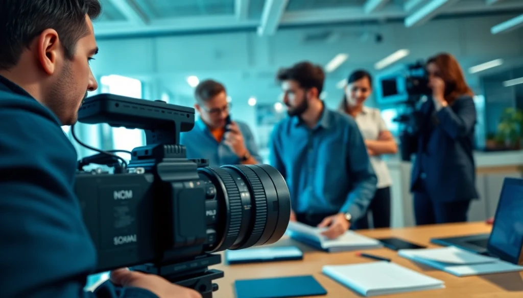 Showcasing Corporate Video Production collaboration among filmmakers in a bright office setting.