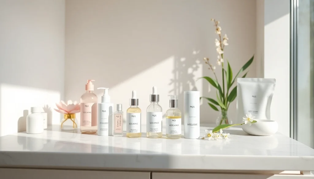 Koreansk hudvård online i Sverige med fridfulla K-beauty-produkter på en marmorbänkskiva.