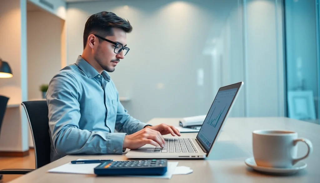 VAT Return Filing in a modern Dubai office with an accountant at work.