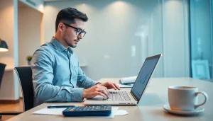 VAT Return Filing in a modern Dubai office with an accountant at work.