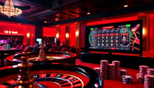 Thrilling scene of players engaging with 12bet online gambling interface at a luxury casino.